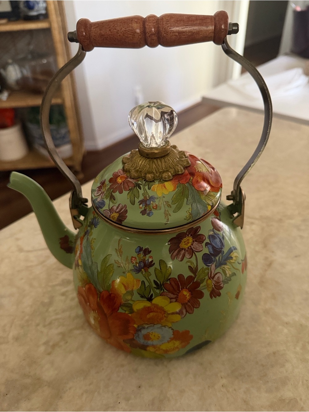MacKenzie-Childs Flower Market Green Tea Kettle Retired Floral Enamel